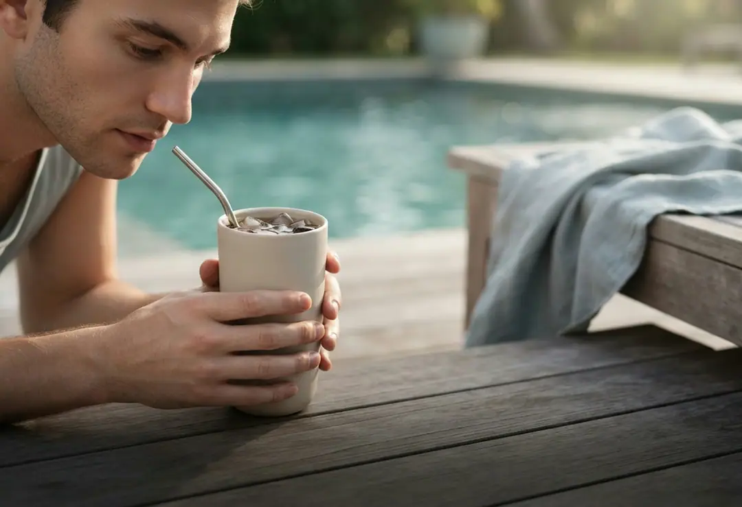 A tumbler on a pool deck in summer