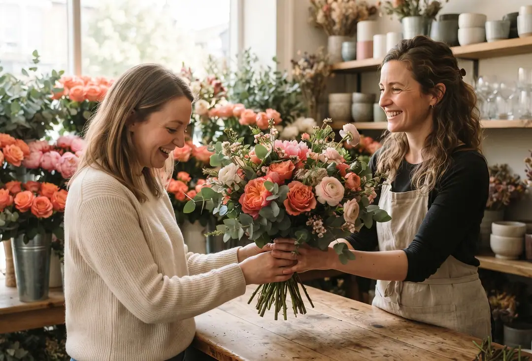 A florist handing a bouquet to a customer in her shop