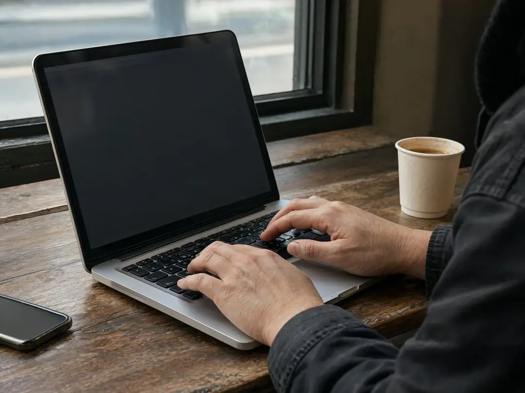 Hands typing on a laptop at a cafe table, with the screen turned away from view.