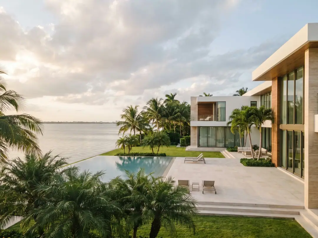 A contemporary luxury estate with a pool on the water in Miami Beach.