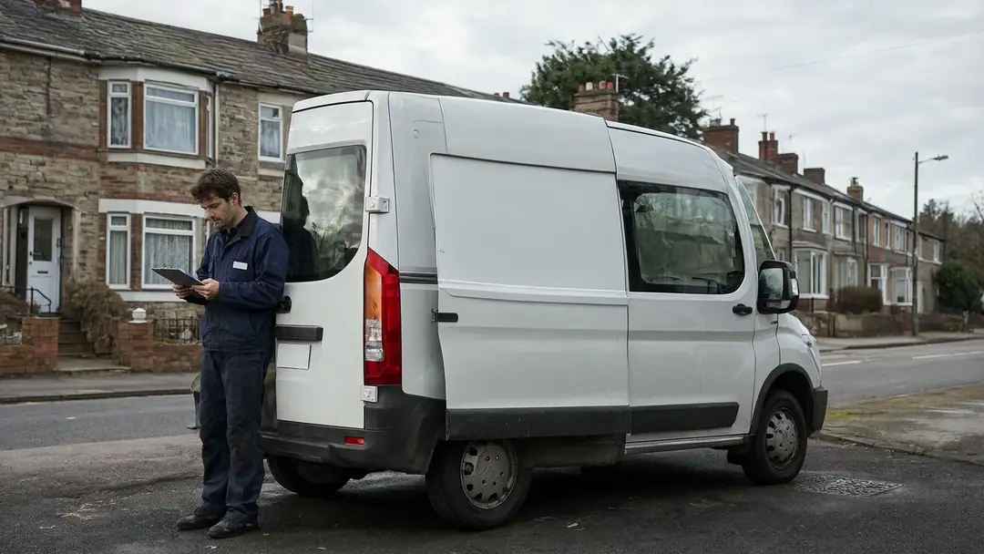 A tradesman next to his work van checking a clipboard on a residential street.