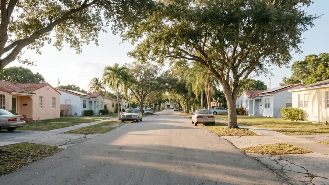A Miami-Dade residential street where some homes have rooftop solar and others do not.