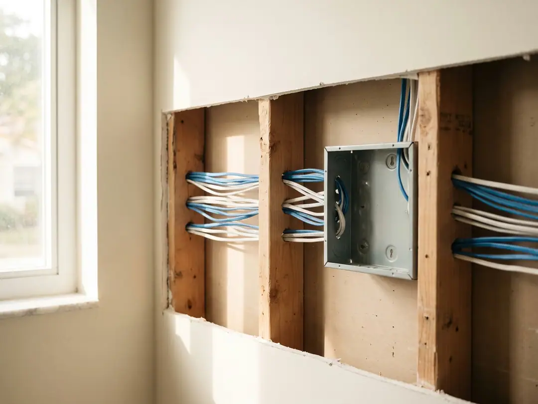 Bundled low-voltage cabling inside an open wall during a home renovation.
