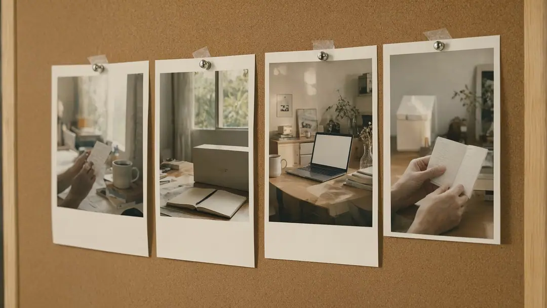 Four interior prints pinned in a row that share the same cream highlights and earthy colors.