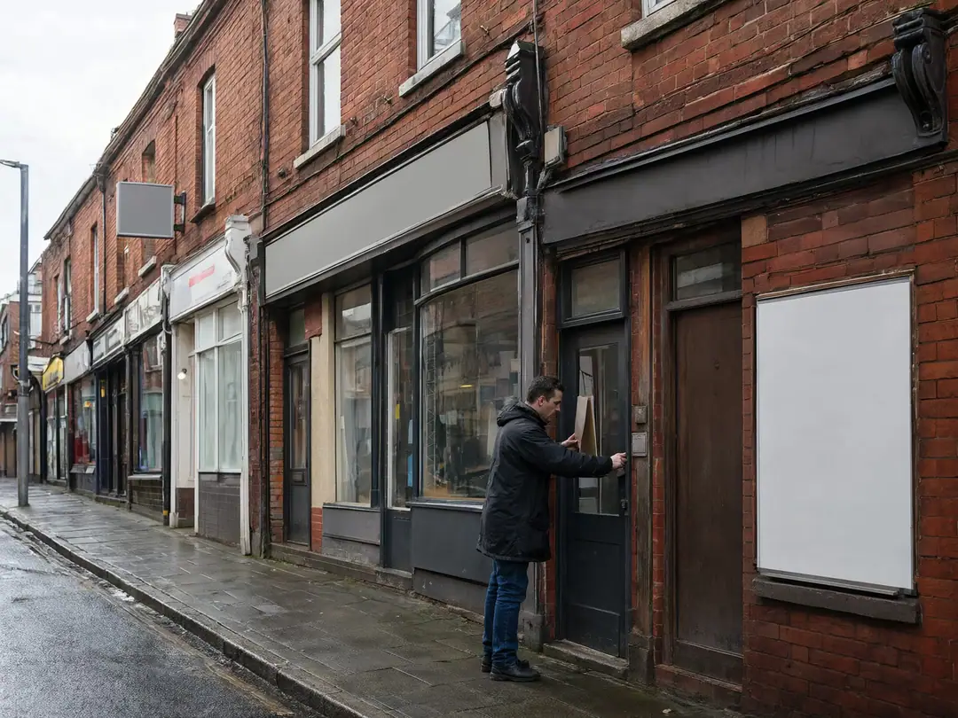 A shopkeeper unlocks a door on a red-brick high street of small shops after rain.