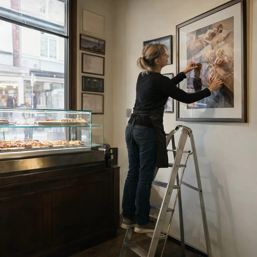 A bakery owner on a stepladder adjusting a frame before opening.