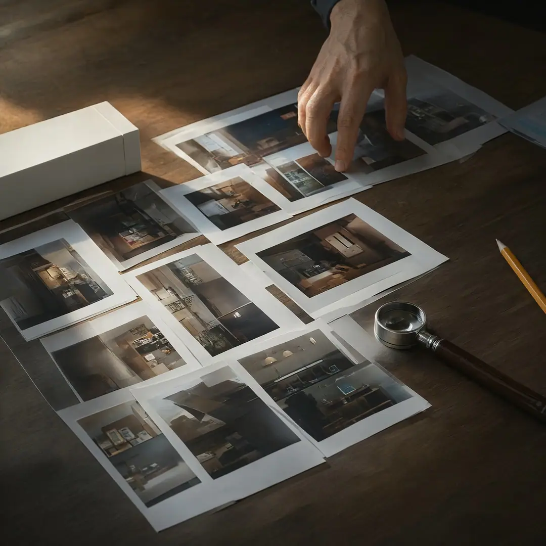 Printed photo proofs on a dark table with a loupe, being sorted by hand.