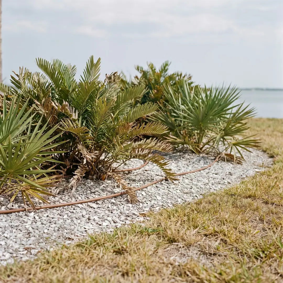 Drought-tolerant native plants with drip irrigation in a dry South Florida yard.