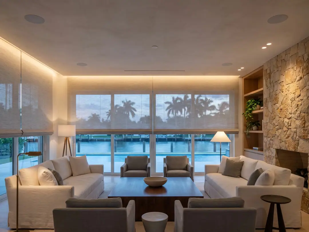 A finished living room with ceiling speakers, recessed lighting and shades at dusk.