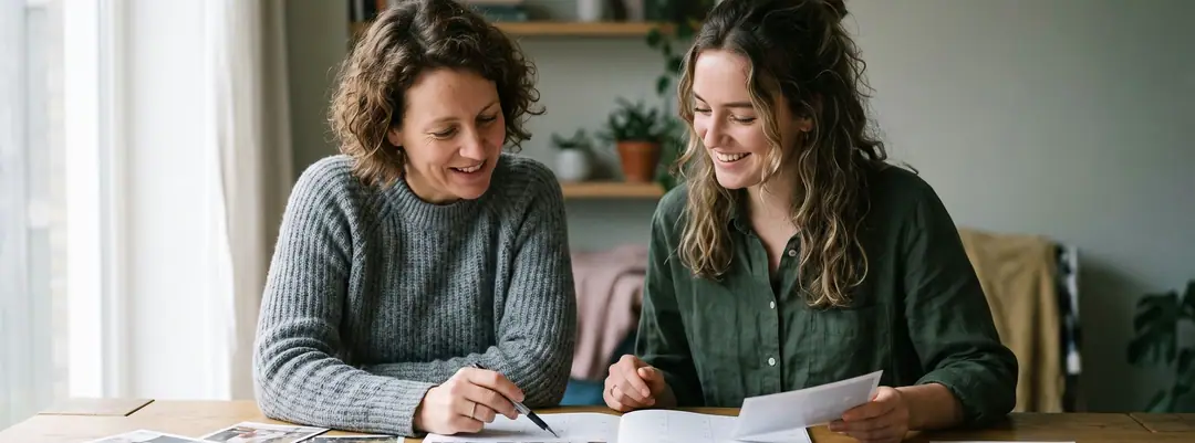 An owner and a strategist arranging a month of content