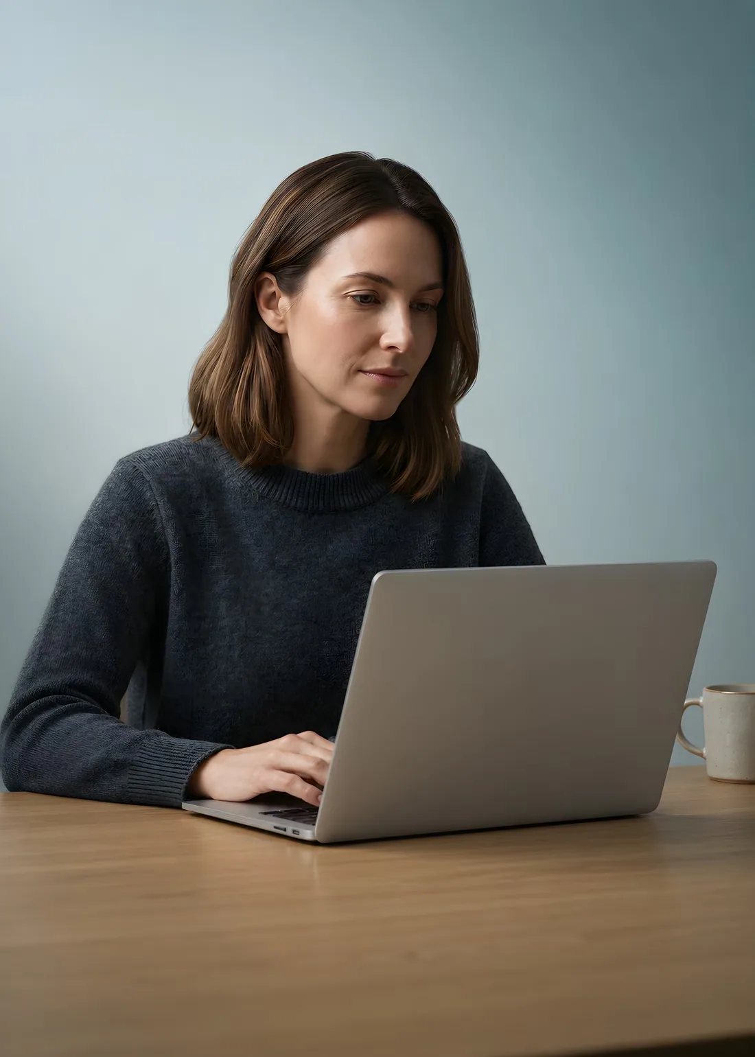 A woman on a video call at her laptop, working with the other office