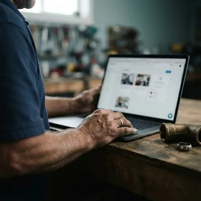 The owner's hand on a laptop next to a brass fitting