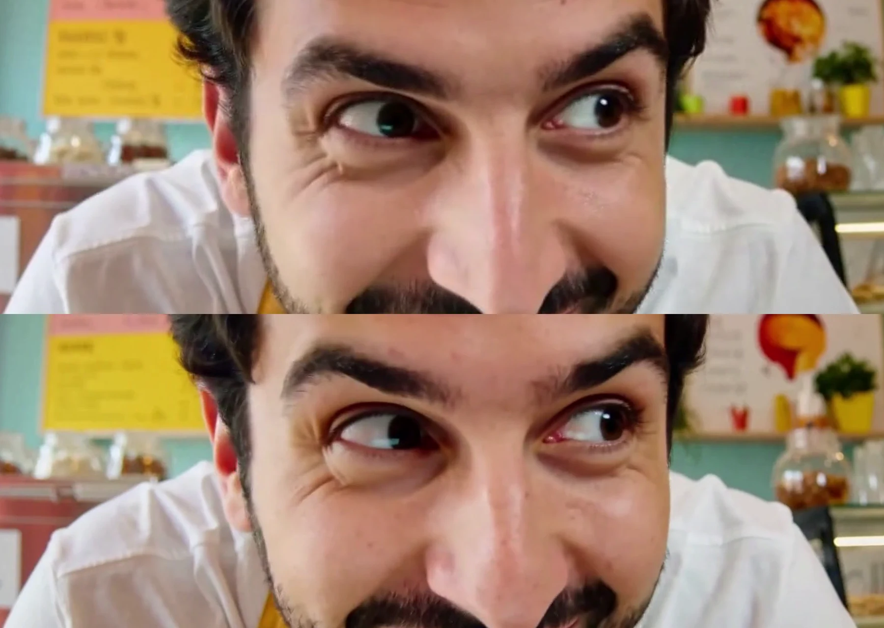 Two close-ups of the same eyes; the lower one shows sharper lashes and skin texture.
