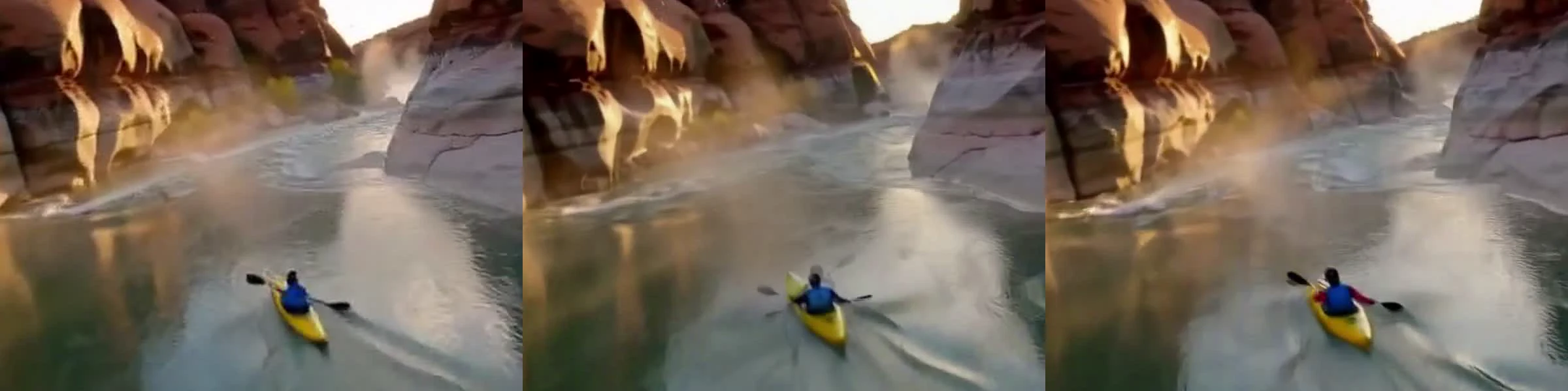 Three crops of a kayaker on a canyon river from the base clip, four tiles and synchronized tiles.