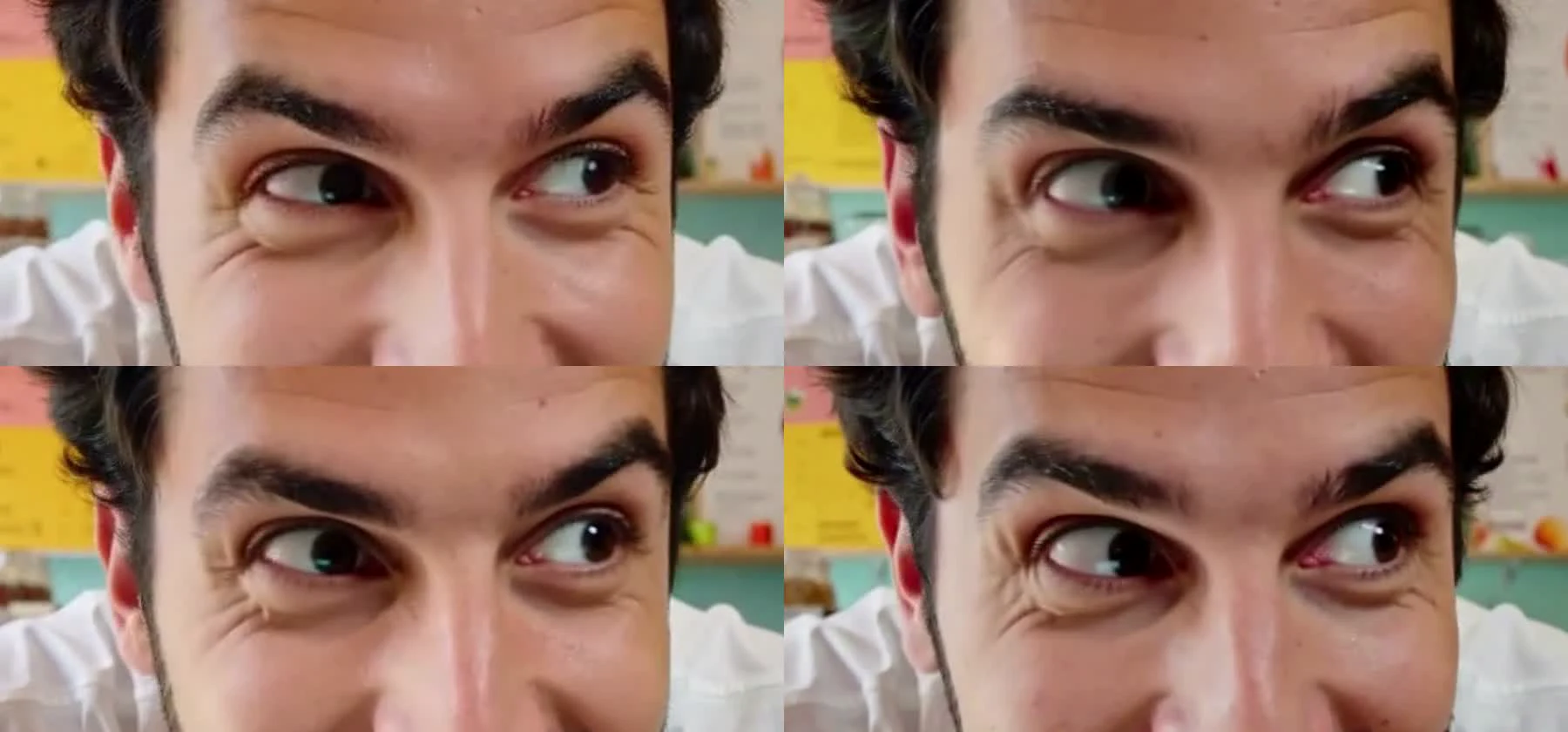 Four crops of the same eyes: the base clip, four tiles, synchronized tiles, and four tiles with a center tile.