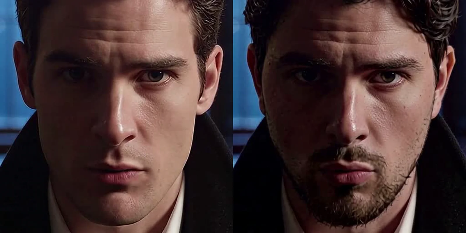 Left: a tight crop of the original face. Right: the model output with a beard and different hair.