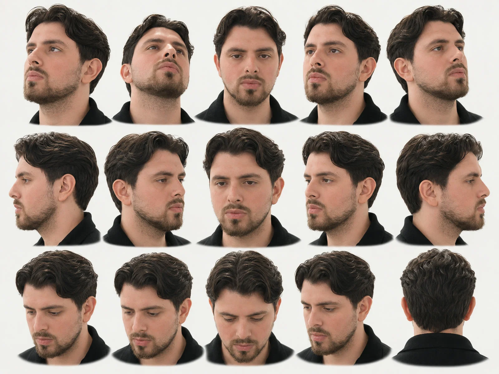 Fifteen photos of the same man from different angles against a white background.