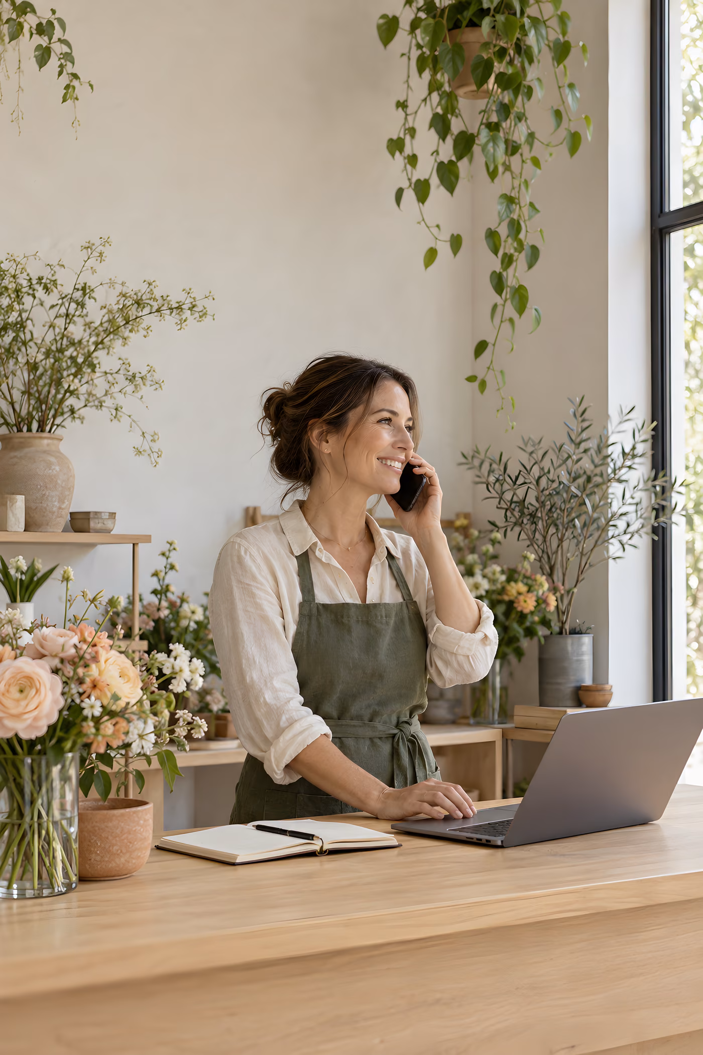 A florist on the phone at her shop counter, laptop open, smiling
