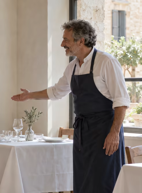 The trattoria owner welcoming them to a table by the window