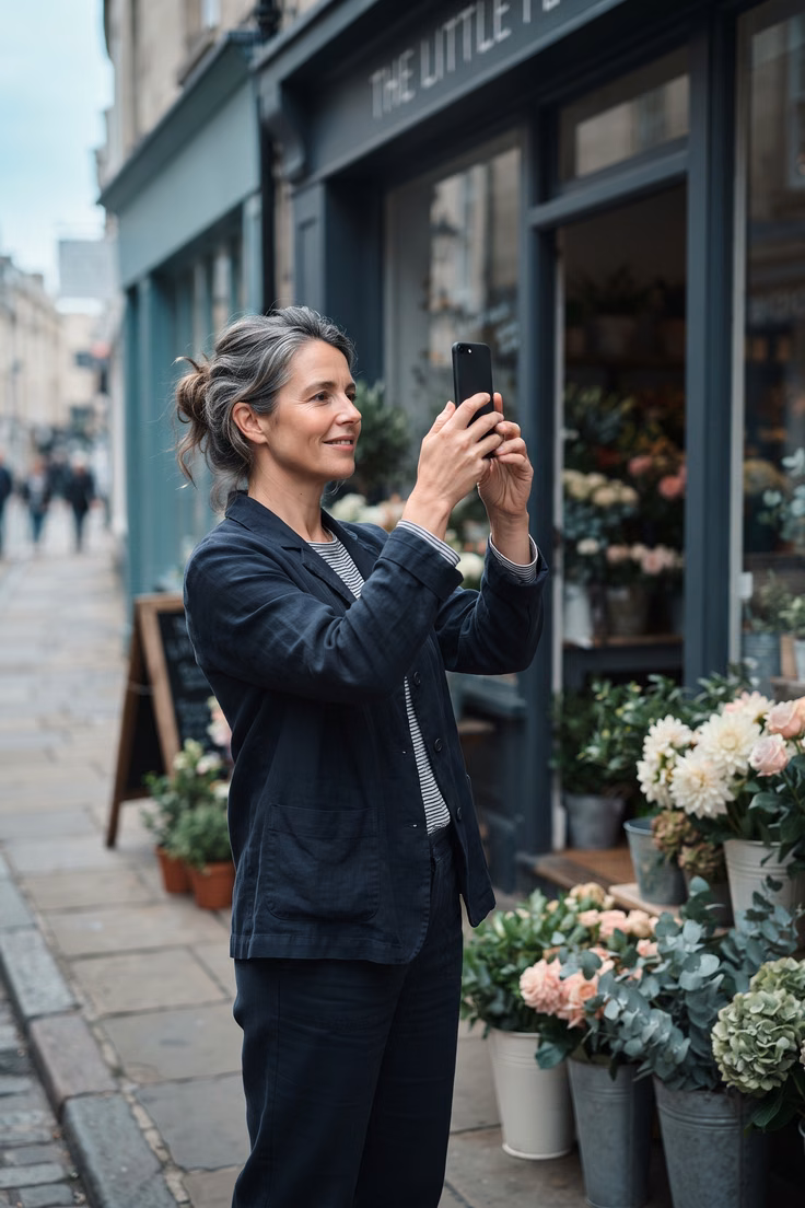 A florist photographing her shop front for her Google profile