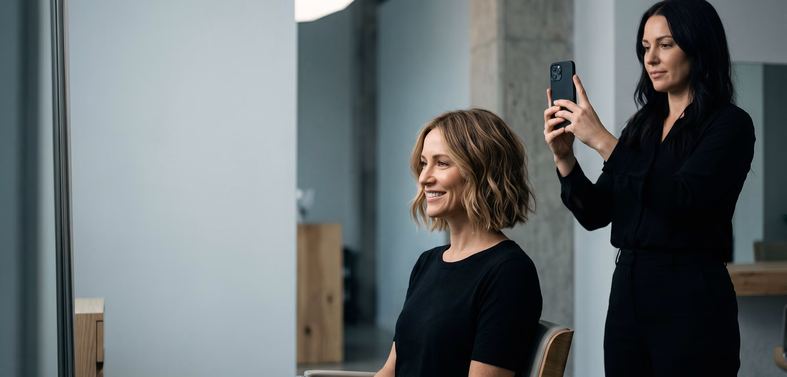 A stylist filming a short clip of a finished haircut